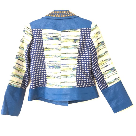 V Cristina Patchwork Studded Blue Moto Jacket Med - Picture 2 of 6